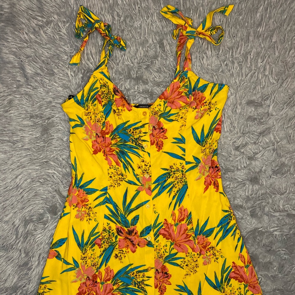 Yellow Tropical Floral Button Tie Shoulder Dress